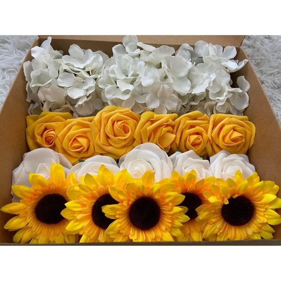 20 Count | White Hydrangeas Yellow Roses Sunflower Bouquet Centerpiece - Picture 2 of 2